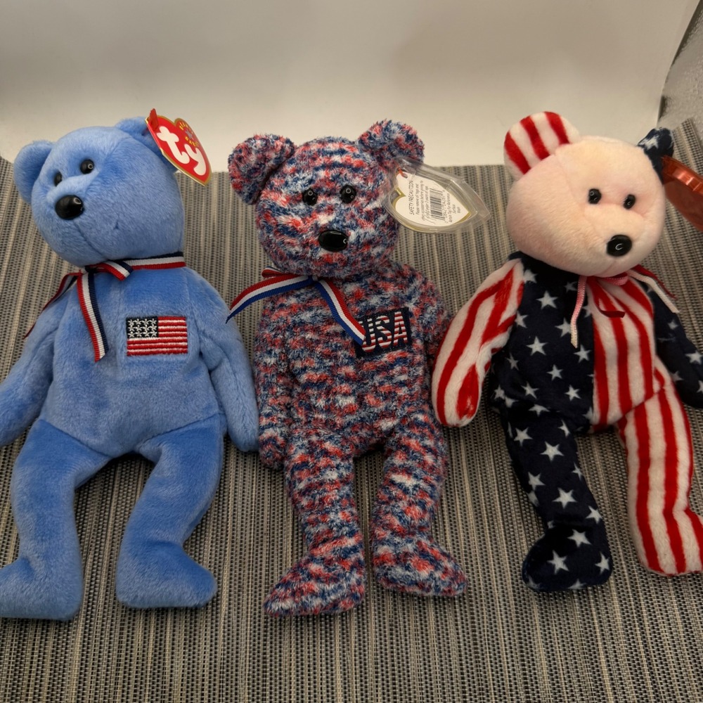Ty Beanie Babies Patriotic Bear Lot o 3 America USA Spangle Red White Blue Plush